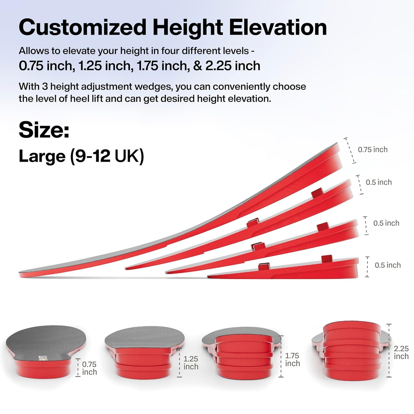 FOVERA Height Increasing Insoles - Gel Height Increase Insole for Shoe for Women - Heel Lift Shoe Pads with 4 Level of Height - Trim to Fit, Breathable Fabric (Large: 9-12 UK, Pack of 1)