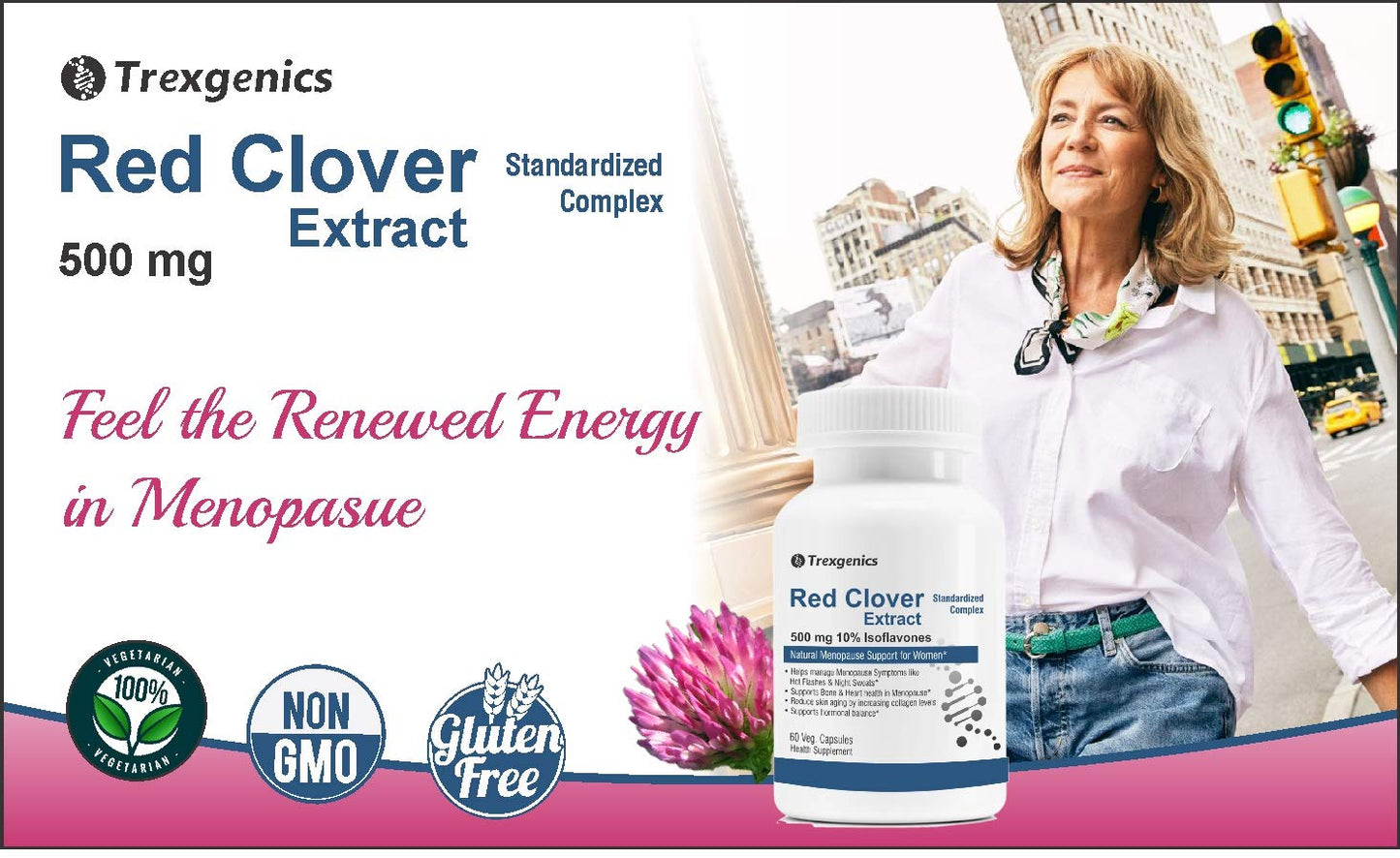 Advertisement for Trexgenics Red Clover Extract with a woman standing in an urban setting.