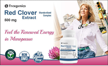 Advertisement for Trexgenics Red Clover Extract with a woman standing in an urban setting.