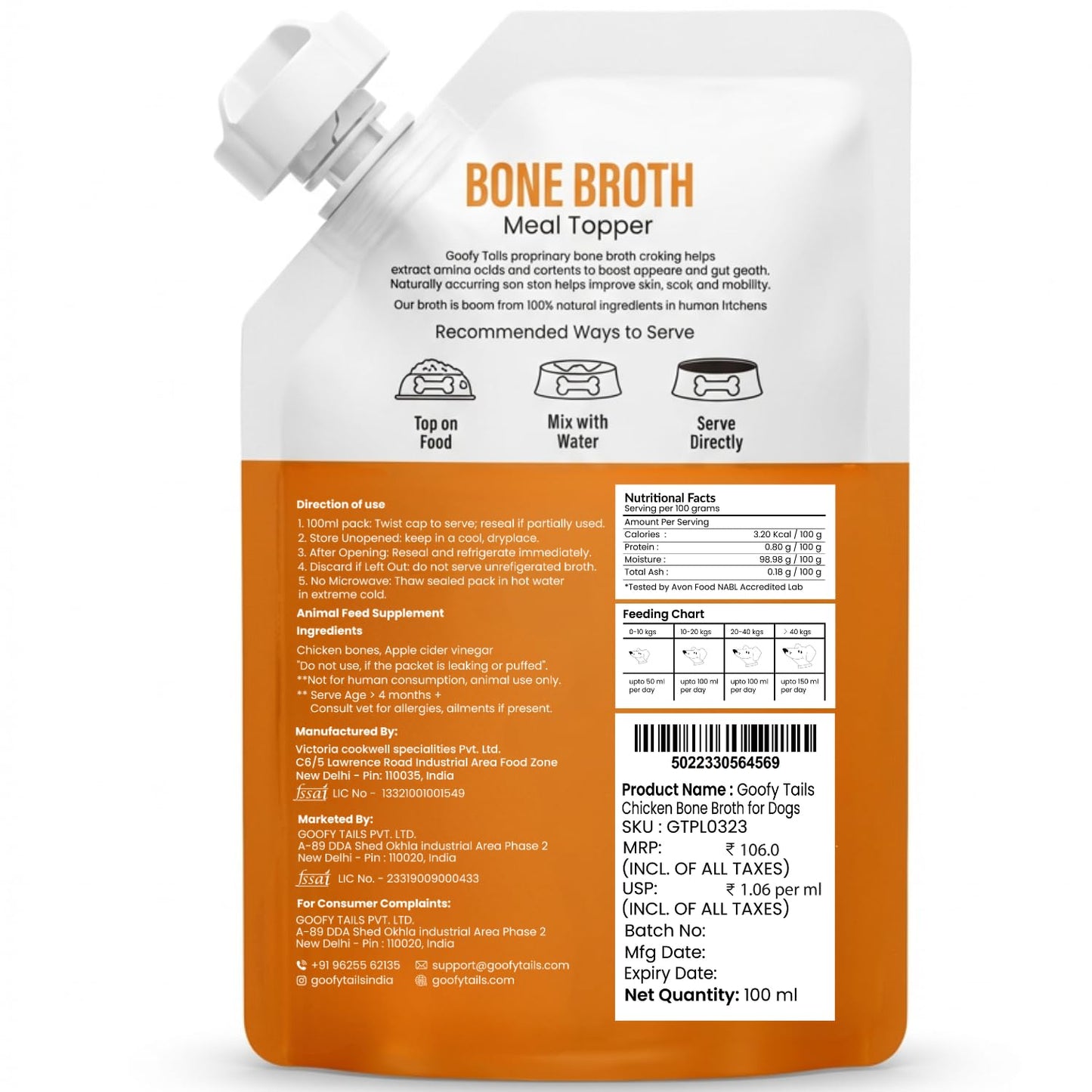 Goofy Tails Chicken Bone Broth for Dogs 100ml (100ml X 1 Pack), Human Grade, Preservative Free, Gut Friendly Dog Food Topper, Dog Supplements with Natural Collagen