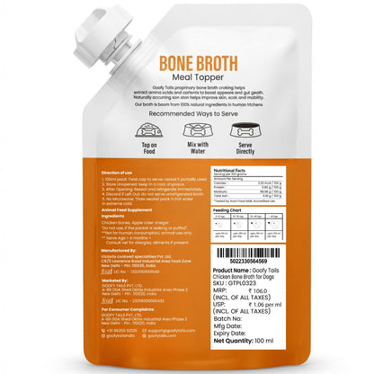Goofy Tails Chicken Bone Broth for Dogs 100ml (100ml X 1 Pack), Human Grade, Preservative Free, Gut Friendly Dog Food Topper, Dog Supplements with Natural Collagen