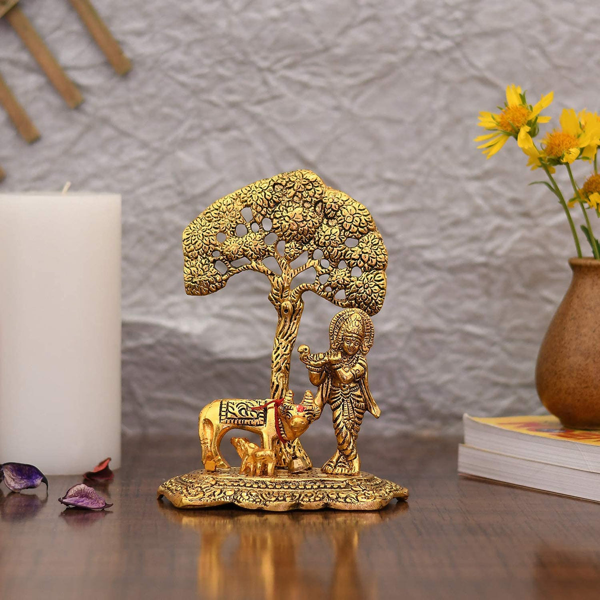 Collectible India Metal Krishna Idol Murti with Kamdhenu Cow - Gold Plated Showpiece (Set of 5)