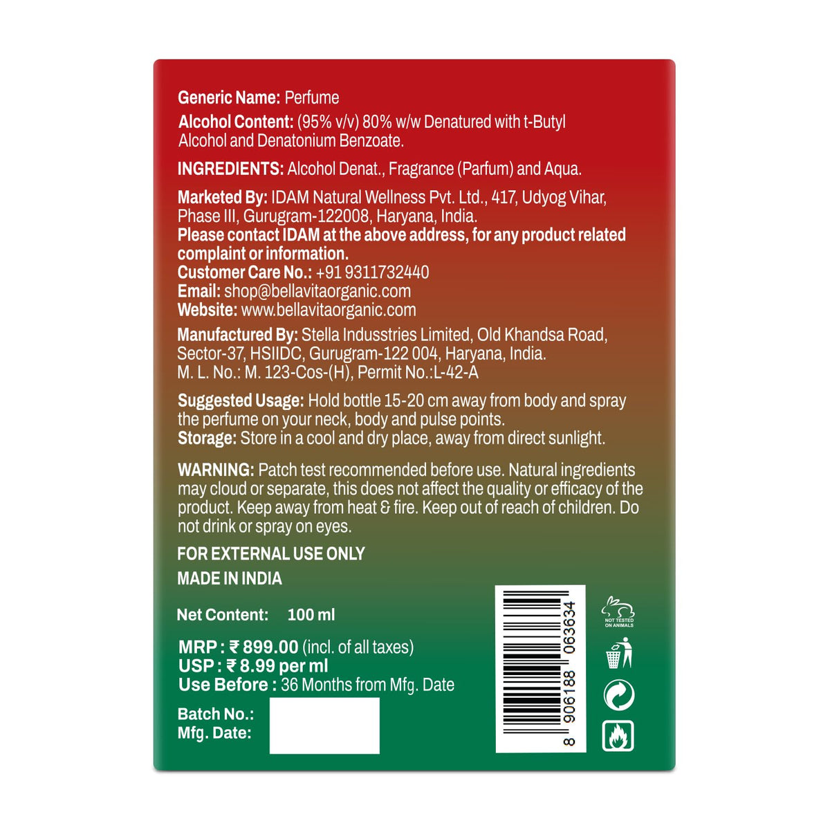 Back label of a perfume bottle with text and product details on a white background