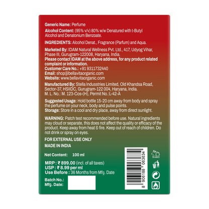 Back label of a perfume bottle with text and product details on a white background