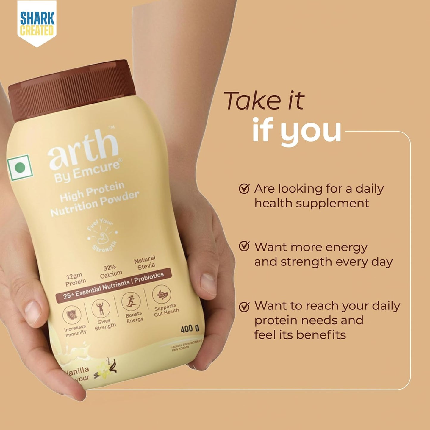 Arth High Protein Nutrition Powder | 12g Protein per Serving | 25+ Essential Nutrients with Prebiotic | No Added Sugar | Supports Energy, Strength & Immunity | 400gm (Vanilla Flavour)