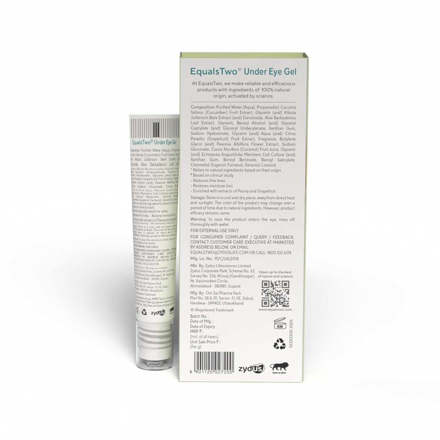 EQUALSTWO by Zydus Under Eye Gel for Dark Circles, Puffiness & Wrinkles, 15ml | Natural Under Eye Gel for Men & Women with Coconut, Cucumber, Grapefruit & Aloe Vera, (Pack 1)