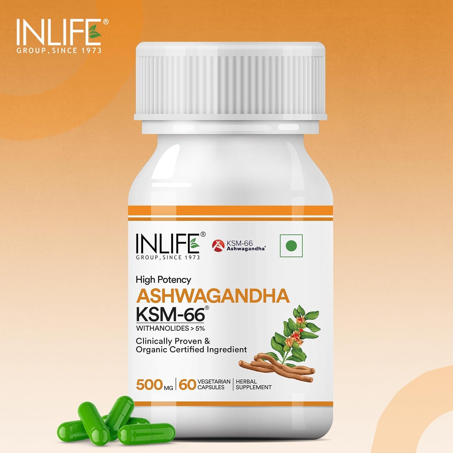 INLIFE Ashwagandha KSM-66 (500 mg) | 60 Capsules | Extra Strength Natural Formulation | Supports Strength, Energy | Withania Somnifera Extract (Pack of 1, 60, count)
