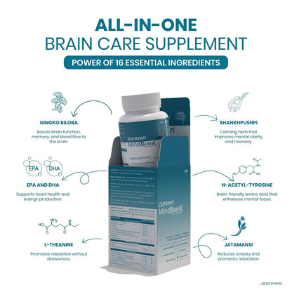 Purezen MindBoost | Brain Health Supplement for Focus, Clarity & Mental Performance | With Ginkgo, Ashwagandha, Omega-3 & Bacopa | 60 Capsules