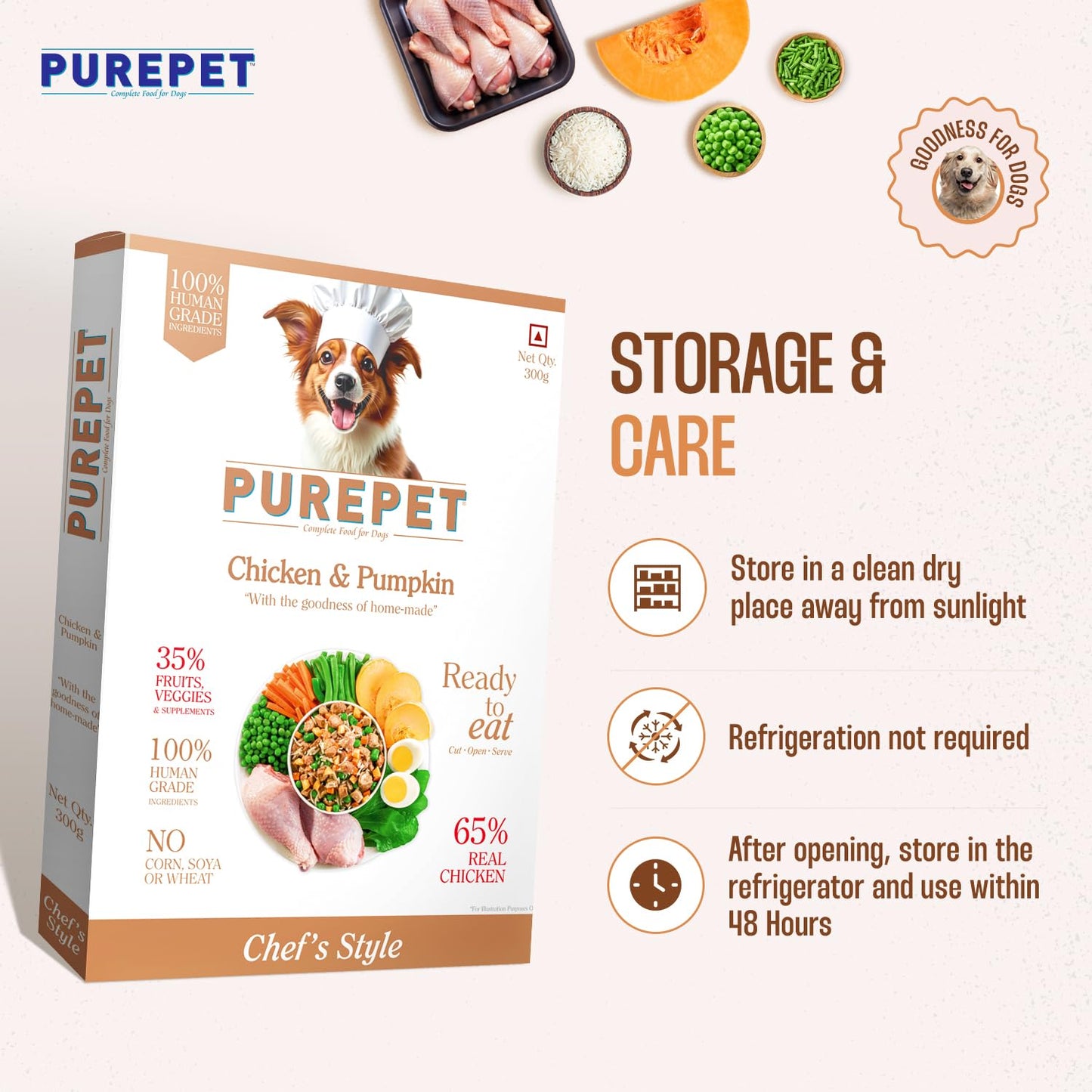 Purepet Fresh Dog Food 300g | Chicken & Pumpkin for Adults & Puppies | High Protein, 65% Real Chicken, 35% Fruits & Veggies | No Preservatives | Ready to Serve | All Breeds | Single Meal Pack
