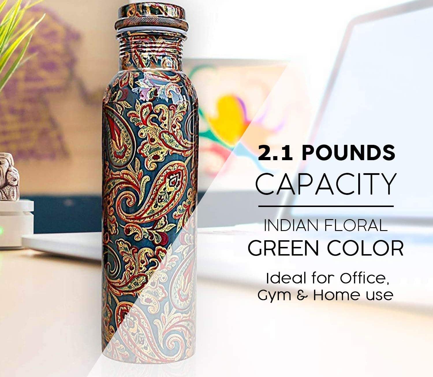 Colorful paisley-patterned water bottle with text about weight, capacity, and uses.