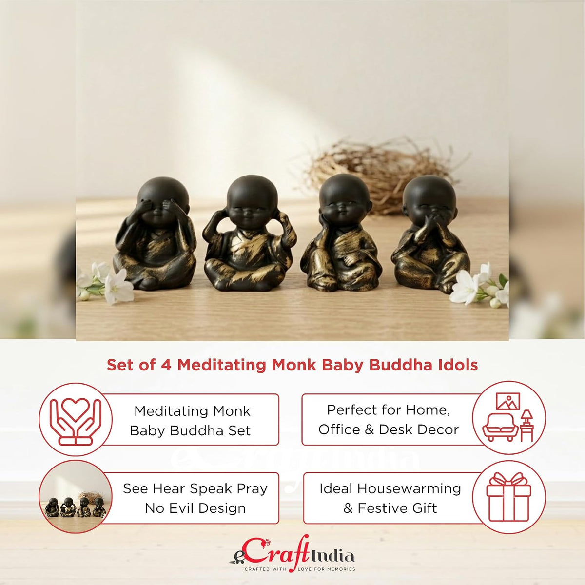 Set of 4 Meditating Monk Baby Buddha Idols | See Hear Speak Pray No Evil Figurines for Home Decor, Living Room, Office Desk | Decorative Spiritual Showpiece Gift Set