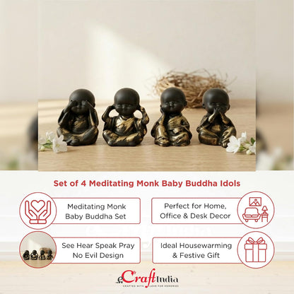 Set of 4 Meditating Monk Baby Buddha Idols | See Hear Speak Pray No Evil Figurines for Home Decor, Living Room, Office Desk | Decorative Spiritual Showpiece Gift Set