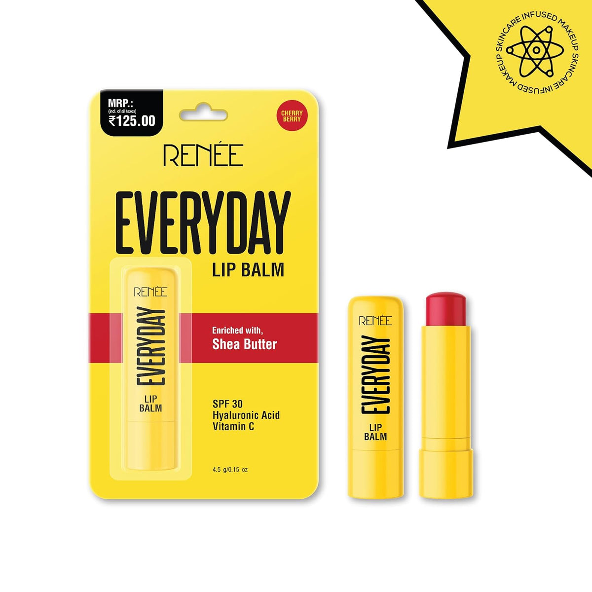 RENEE Everyday Tinted Lip Balm - Cherry Berry, Heals, Moisturizes & Protects with SPF 30, for Dry & Chapped Lips, Enriched with Vitamin C, Shea Butter & Hyaluronic Acid, Skincare Infused Makeup 4.5 Gm