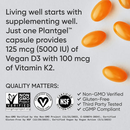 Orange capsules with text about Plantgel capsules providing Vitamin D3 and Vitamin K2, and certification logos on a white background.