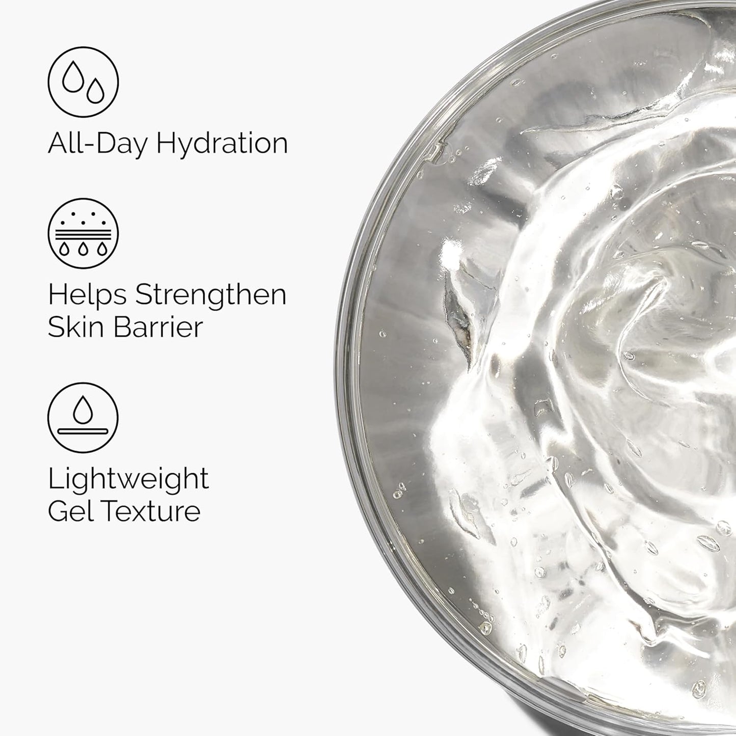 Glass container with clear gel texture and text highlighting benefits on a white background