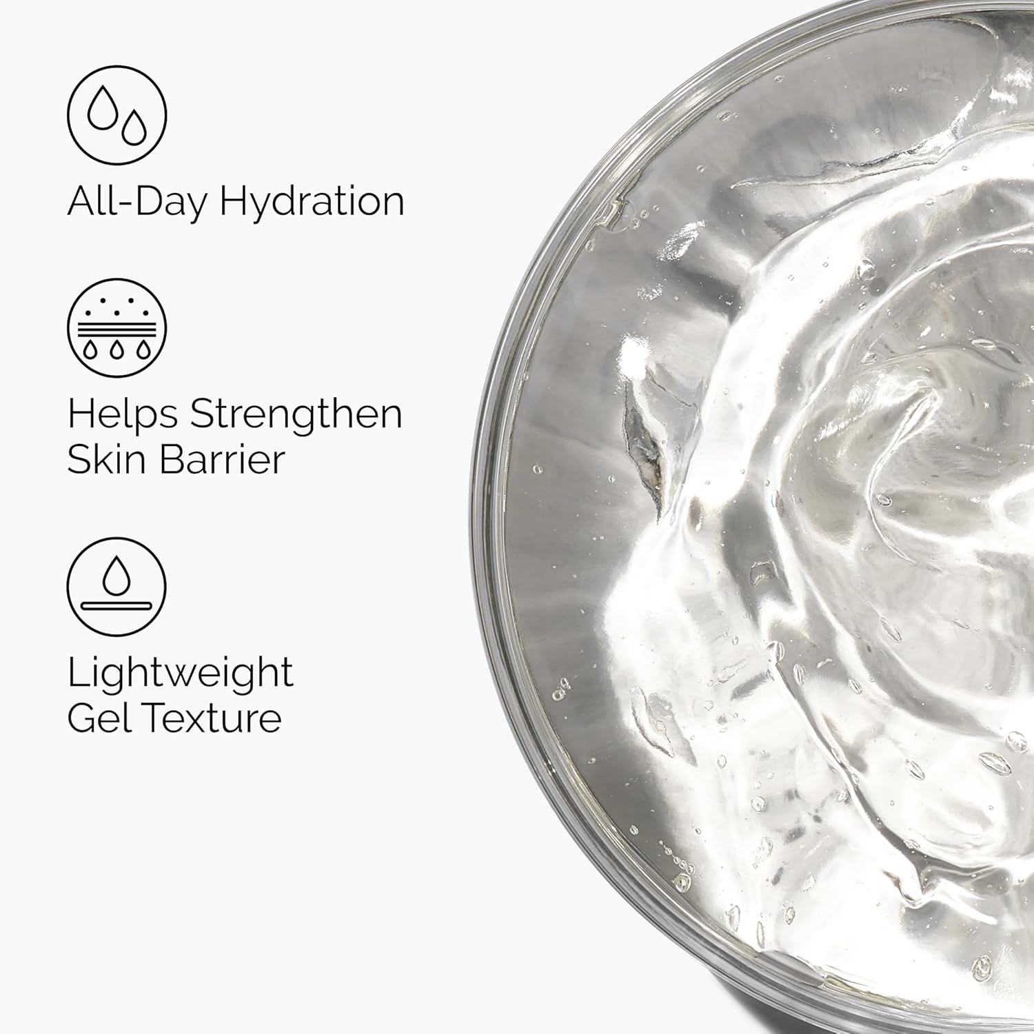 Glass container with clear gel texture and text highlighting benefits on a white background