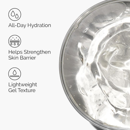 Glass container with clear gel texture and text highlighting benefits on a white background