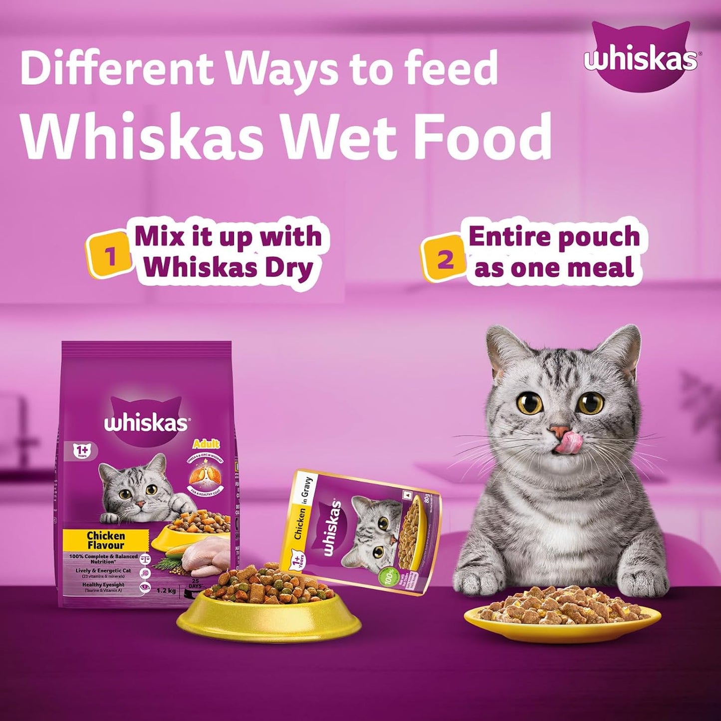 Whiskas Wet Cat Food for Adult Cats (1+Years), Chicken in Gravy Flavour, 80g