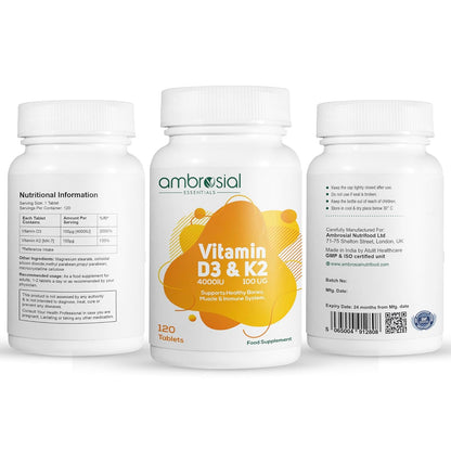 Ambrosial Vitamin D3 & K2 Tablets 4000IU Vitamin D3 + 100µg K2 MK-7 for Healthy Bones, Muscles, and to Support The Immune System - 120 Tablets