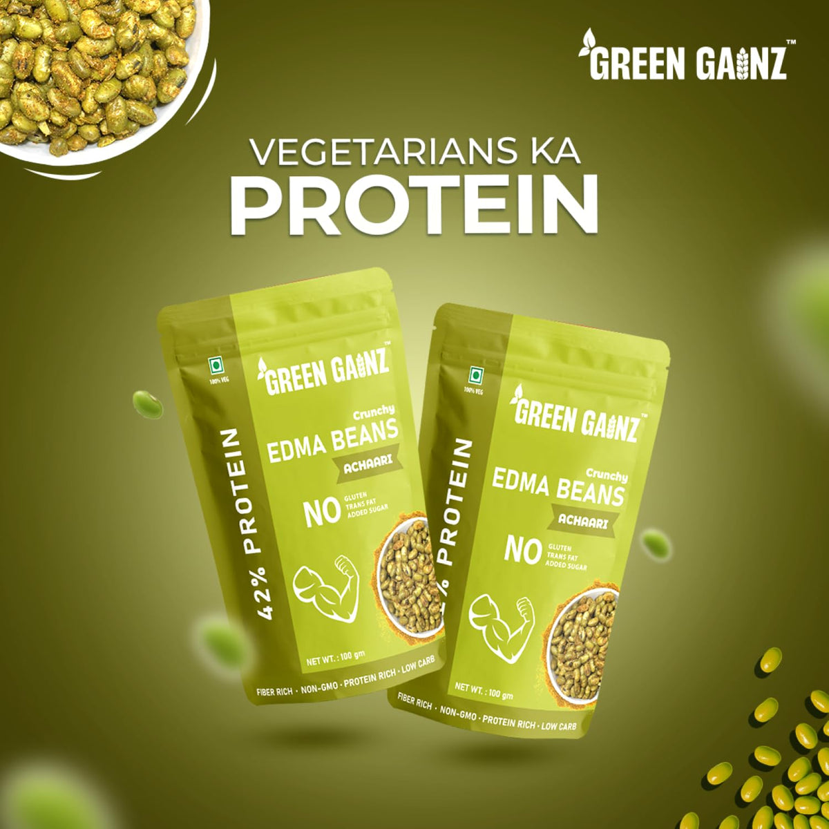 Green Gainz Roasted Edamame Achaari Flavour 100gm | Healthy Namkeen Snacks | 100% Veg Protein Rich Snack | Fiber Rich | No Palm Oil | Roasted, Not Fried