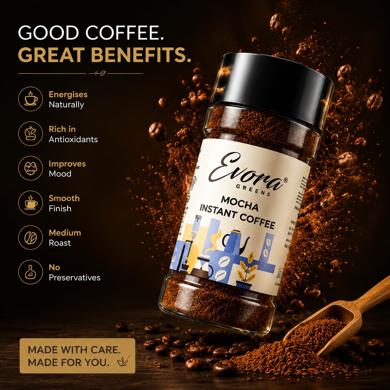 EVORA Greens 100gm Instant Coffee Powder | Mocha Flavour | Coffee with Arabica & Robusta Blend - Medium Roast | Make Café Style Hot or Cold Coffee, black Coffee, Cappuccino, Latte at Home | Make 50 Cups