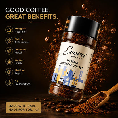 EVORA Greens 100gm Instant Coffee Powder | Mocha Flavour | Coffee with Arabica & Robusta Blend - Medium Roast | Make Café Style Hot or Cold Coffee, black Coffee, Cappuccino, Latte at Home | Make 50 Cups