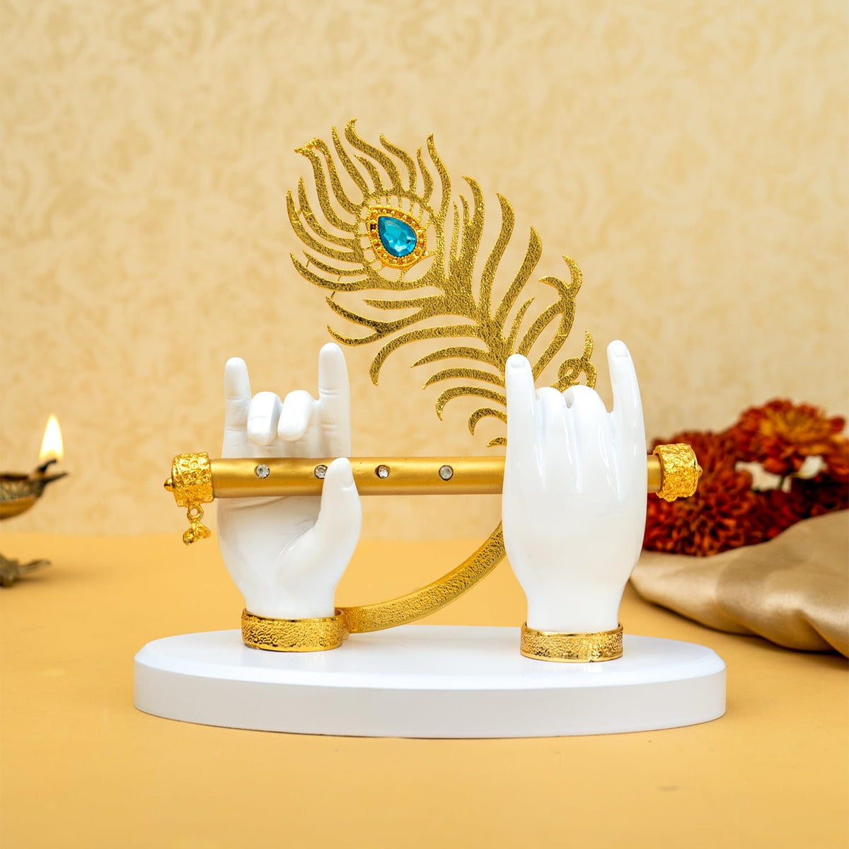 Ekhasa Lord Krishna Hands with Flute Idol (Big Size) | Krishnaji Divine Hands Idol with Flute and Peacock Feather | Krishna Statue for Car Dashboard & Griha Pravesh Gift