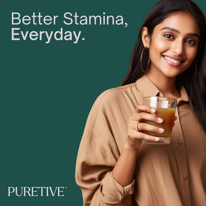 Woman holding a glass of a beverage with 'PURETIVE' branding and text about stamina on a green background.