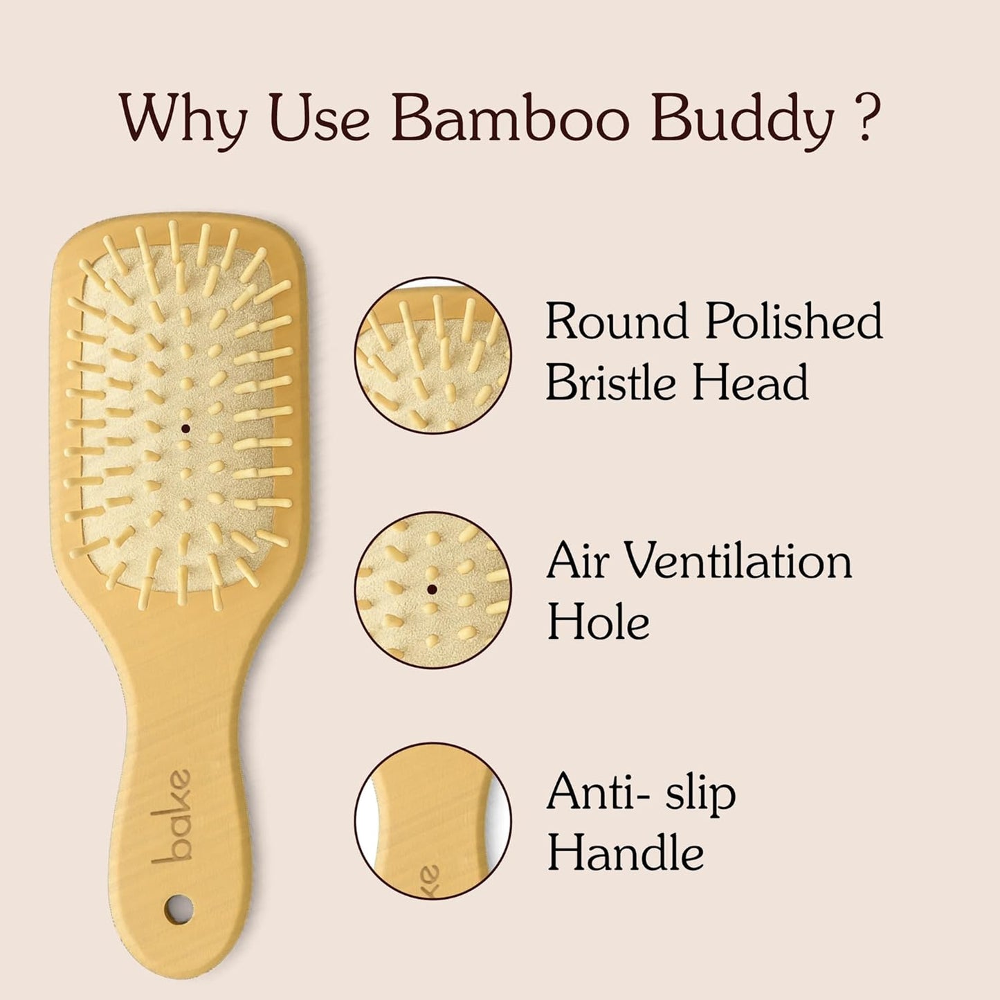 BAKE Bamboo Buddy Wooden Paddle Hair Brush | Natural Bamboo Bristles | Bamboo Comb | Gentle on Hair | Strengthens Scalp & Promotes Hair Growth | For Men & Women | Large Hair Brush