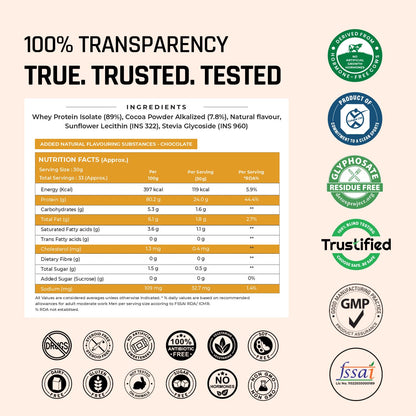 Product label with ingredients, nutrition facts, and certification logos on a beige background