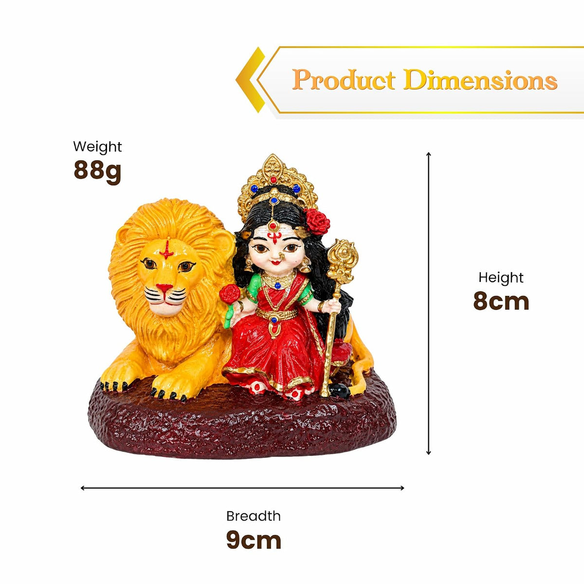 Bal Durga Idol, 8 cm Hand Painted Resin Maa Durga Murti with Lion, Trishul & Traditional Details, Durga MATA Statue for Home Mandir, Pooja Room, Car Dashboard & Decor