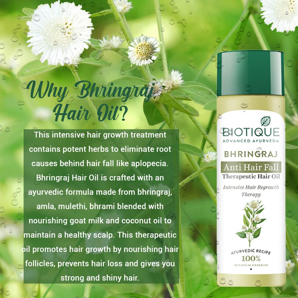 Biotique Bio Bhringraj Therapeutic Hair Oil for Falling Hair | Intensive Hair Regrowth Treatment | Nourishing Hair Follicles| Strong and Shiny Hair| For All Skin Types| 200m