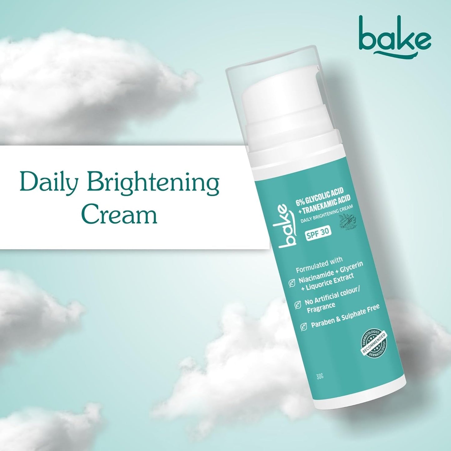 BAKE 6% Glycolic Acid Cream with Niacinamide for Pigmentation, Dark Spots & Tan Removal | Daily Brightening Cream | Improves Uneven Skin Tone & Reduces Sun Damage | For Men & Women | 30g