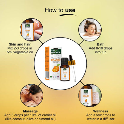 Instructions on how to use BIO ORGANIC Essential Oil Orange on a yellow background