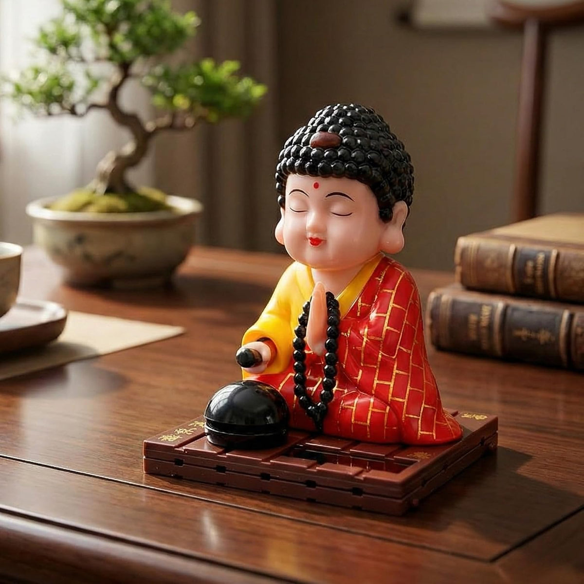 eCraftIndia Moving Head Monk Buddha Idol Showpiece for Home Decor Car Dashboard Office | Feng Shui Spiritual Meditation Buddha Statue Figurine for Good Luck Gift for Housewarming (Plastic, Red)