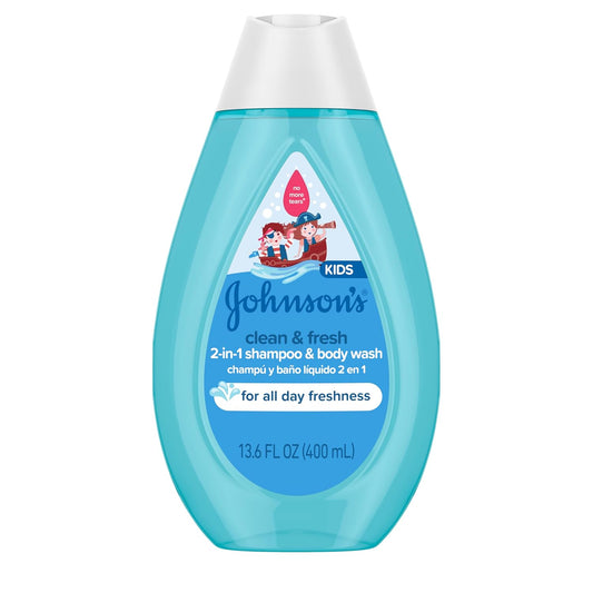Johnsons Clean & Fresh Tear-Free Childrens Shampoo & Body Wash, Paraben-, Sulfate- & Dye-Free Formula is Hypoallergenic & Gentle on Toddlers Sensitive Skin, FreshBoost Fragrance, 13.6 fl. oz