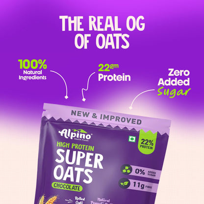 ALPINO 22% High Protein Super Oats Chocolate 400g – Rolled Oats, Natural Peanut Butter, Cocoa Powder, Nuts & Seeds – 22g Protein, Source of Dietary Fibre & Healthy Fats, No Added Sugar & Salt