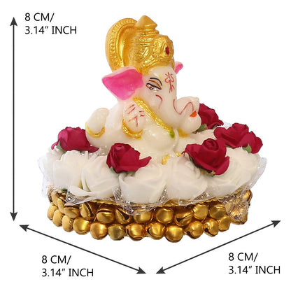 Lord Ganesha Idol on Decorative Handcrafted Plate with White Flowers
