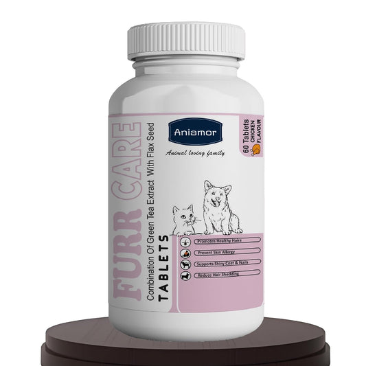 Aniamor Furr Care Tablets for Dogs & Cats | Omega 3 for Dogs | Omega for Healthy Skin, Shiny Coat & Joint Support | Omega 3 Supplement for Dogs | for All Life Stages | Chicken Flavour | 60 Tablets