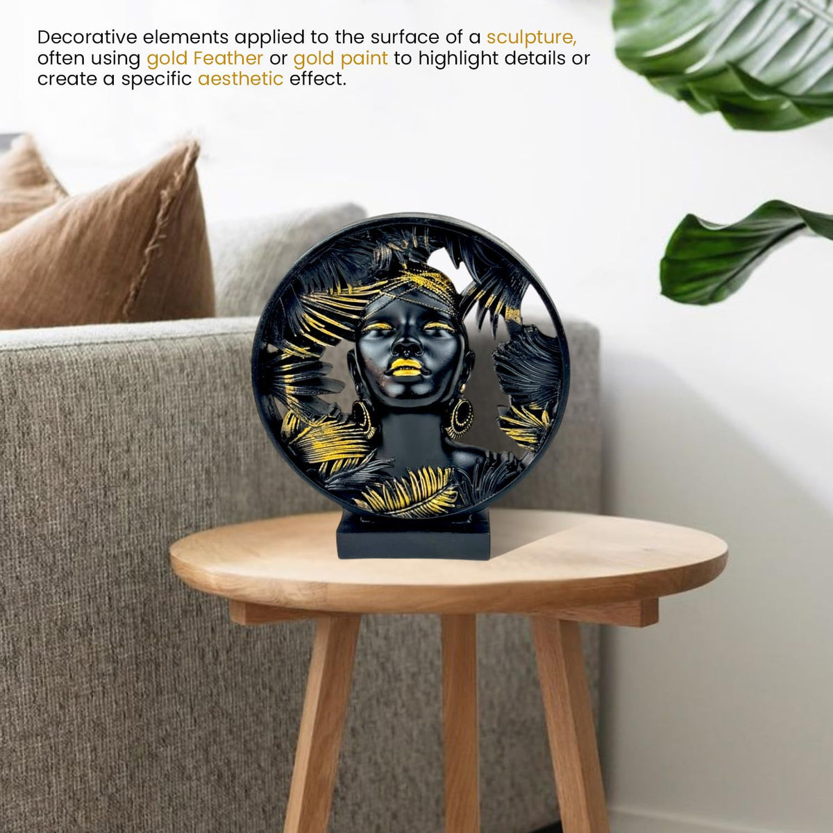 African Lady Round Halo Polyresin Showpiece 22 cm Black & Gold Palm-Leaf Circular Bust Statue Luxury Home Décor Figurine for Living Room Office Table Gift | Tabletop Decorative Showpiece