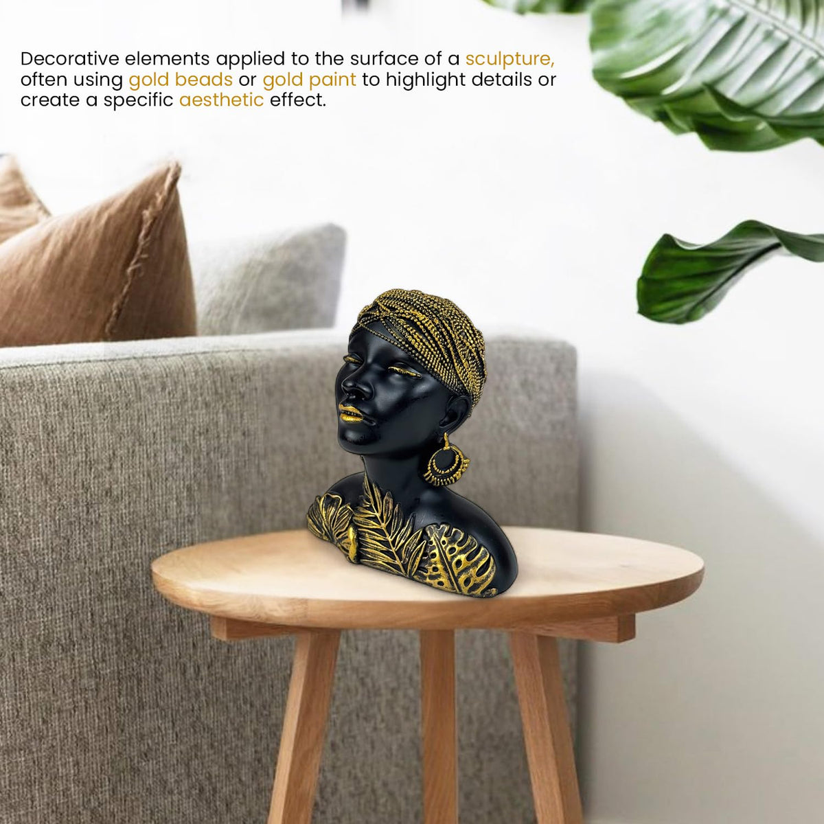 Black & Gold Tribal Leaf Lady Bust 19cm Polyresin African Woman Figurine | Elegant Table-Top Decorative Showpiece for Living-Room Office Desk Shelf & Gift Collectible Decorative Showpiece