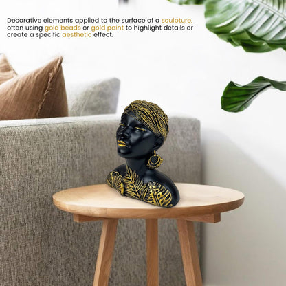 Black & Gold Tribal Leaf Lady Bust 19cm Polyresin African Woman Figurine | Elegant Table-Top Decorative Showpiece for Living-Room Office Desk Shelf & Gift Collectible Decorative Showpiece