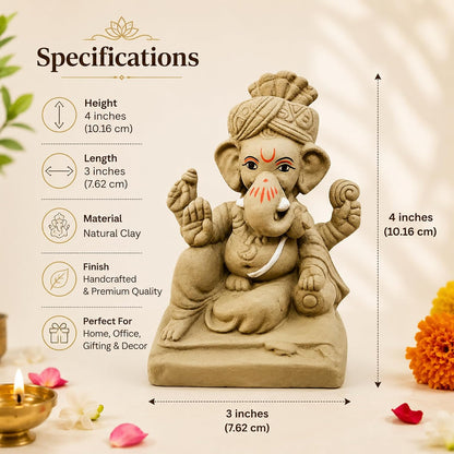 SHOPMEFAST Clay Ganesh Idol, 4 Inches Height, Water Soluble Ganpati Murti for Ganpati Visarjan (Small) (Natural Brown - Pagri Ganesha)