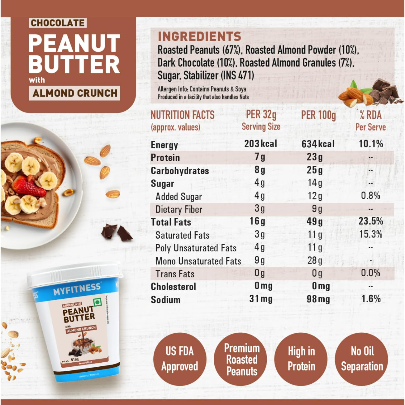 MYFITNESS Peanut Butter Chocolate Spread with Almond Crunch 510g | 25g Protein & 9g Fiber | Tasty & Healthy Nut Butter Spread for Breakfast | Cholesterol Free | Zero Trans Fat | Crunchy Peanut Butter