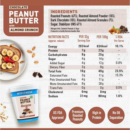 MYFITNESS Peanut Butter Chocolate Spread with Almond Crunch 510g | 25g Protein & 9g Fiber | Tasty & Healthy Nut Butter Spread for Breakfast | Cholesterol Free | Zero Trans Fat | Crunchy Peanut Butter