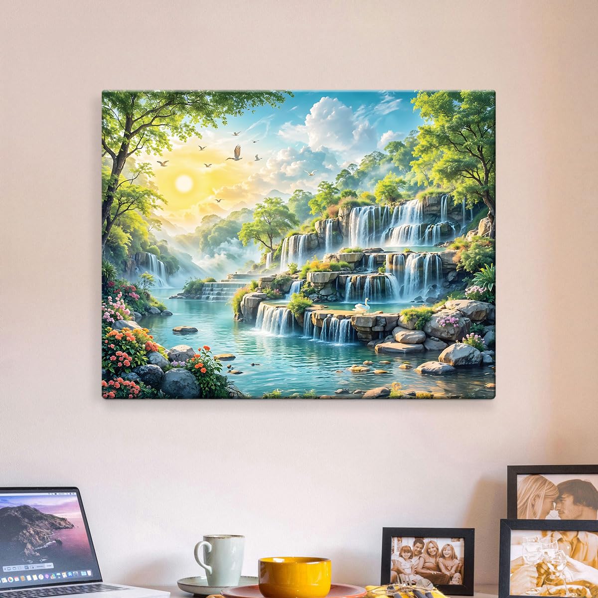 Canvas Step Waterfall Painting Vastu, Big Size Scenery, Water Stream, Mountain Painting Vastu Water Fall, Multicolor, Nature, 58.0 X 45.0 cm, Set of 1