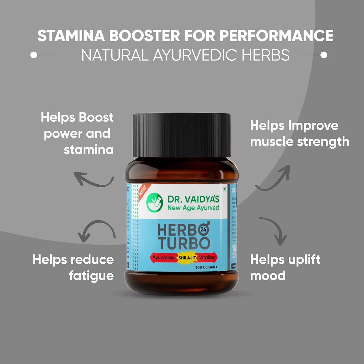 Dr. Vaidya’s Herbo24Turbo Capsules | Supports Vitality | For Strength, Stamina & Power | Shuddha Shilajit, Safed Musli | Sugar Free | Pure Ayurvedic Extracts | 30 capsules