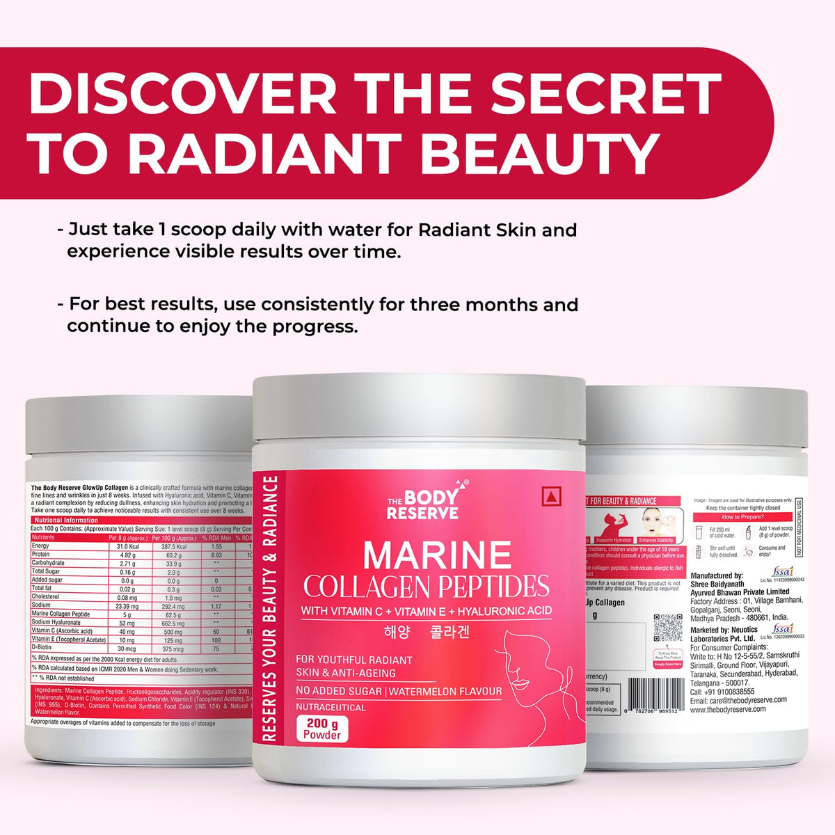 Body Reserve Marine Collagen Peptides packaging with promotional text on a white background