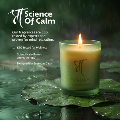 Pranah Monsoon Raaga Aromatherapy Scented Candle | 128g, 28 Hours Burn | Wet Earth & Woody White Floral Notes | Musky Patchouli Oil | Soy Wax, Vegan | Earthy & Sweet Calm