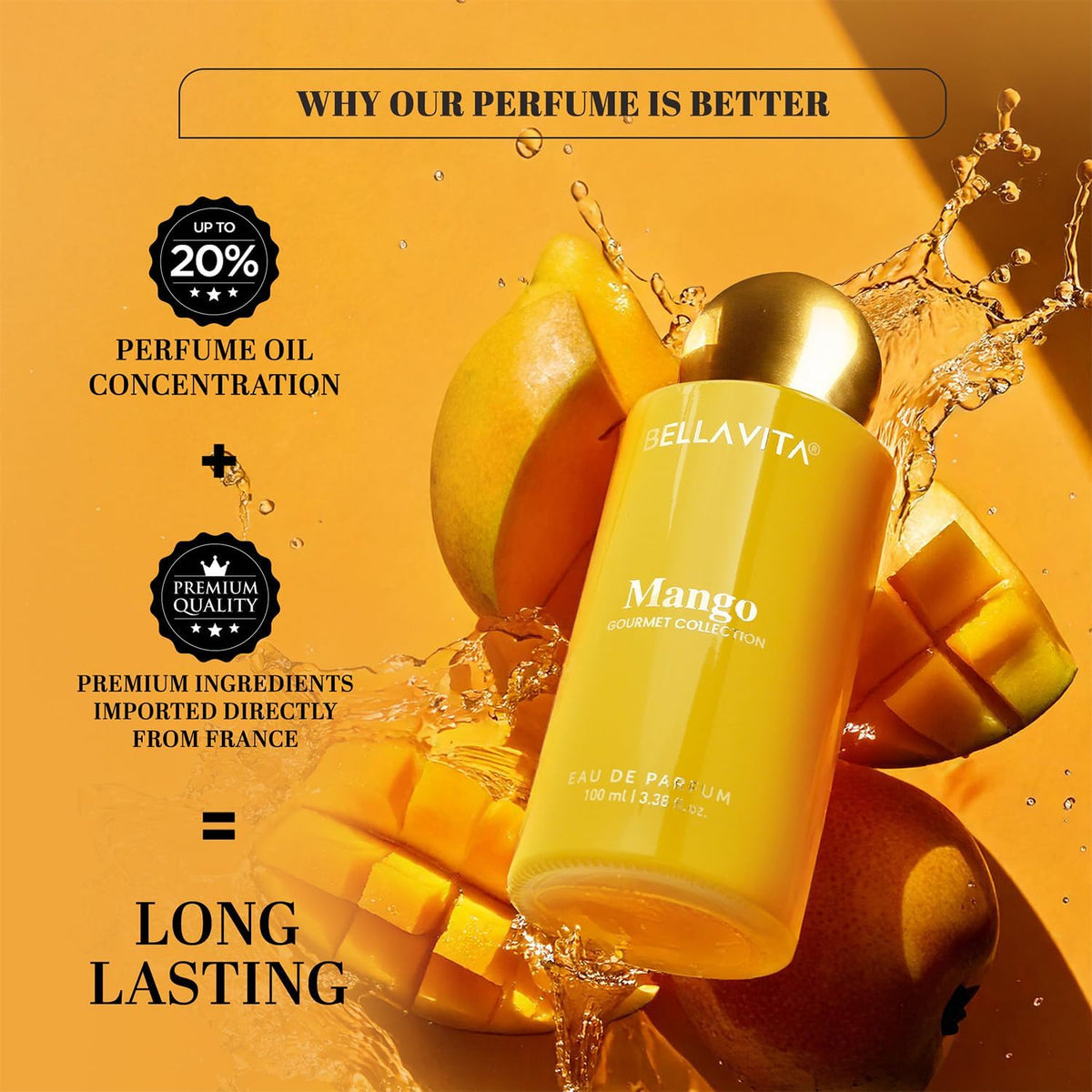 Bellavita Mango perfume bottle with mangoes and water splashes on a yellow background